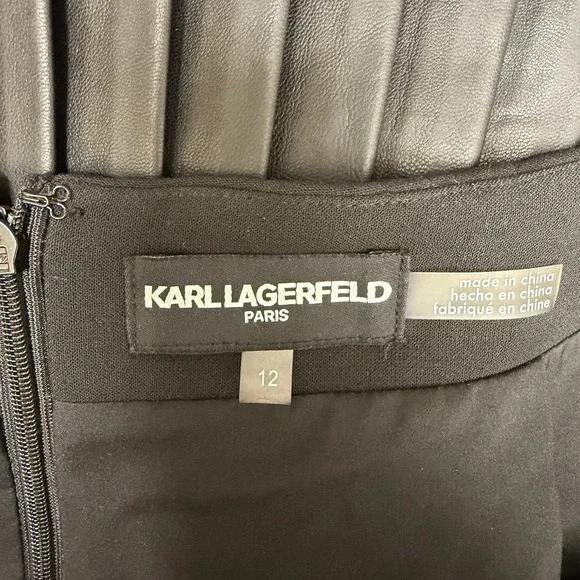 Karl Lagerfeld Skirt Black Vegan Leather Pleated Bottom Size 12 - Picture 7 of 7